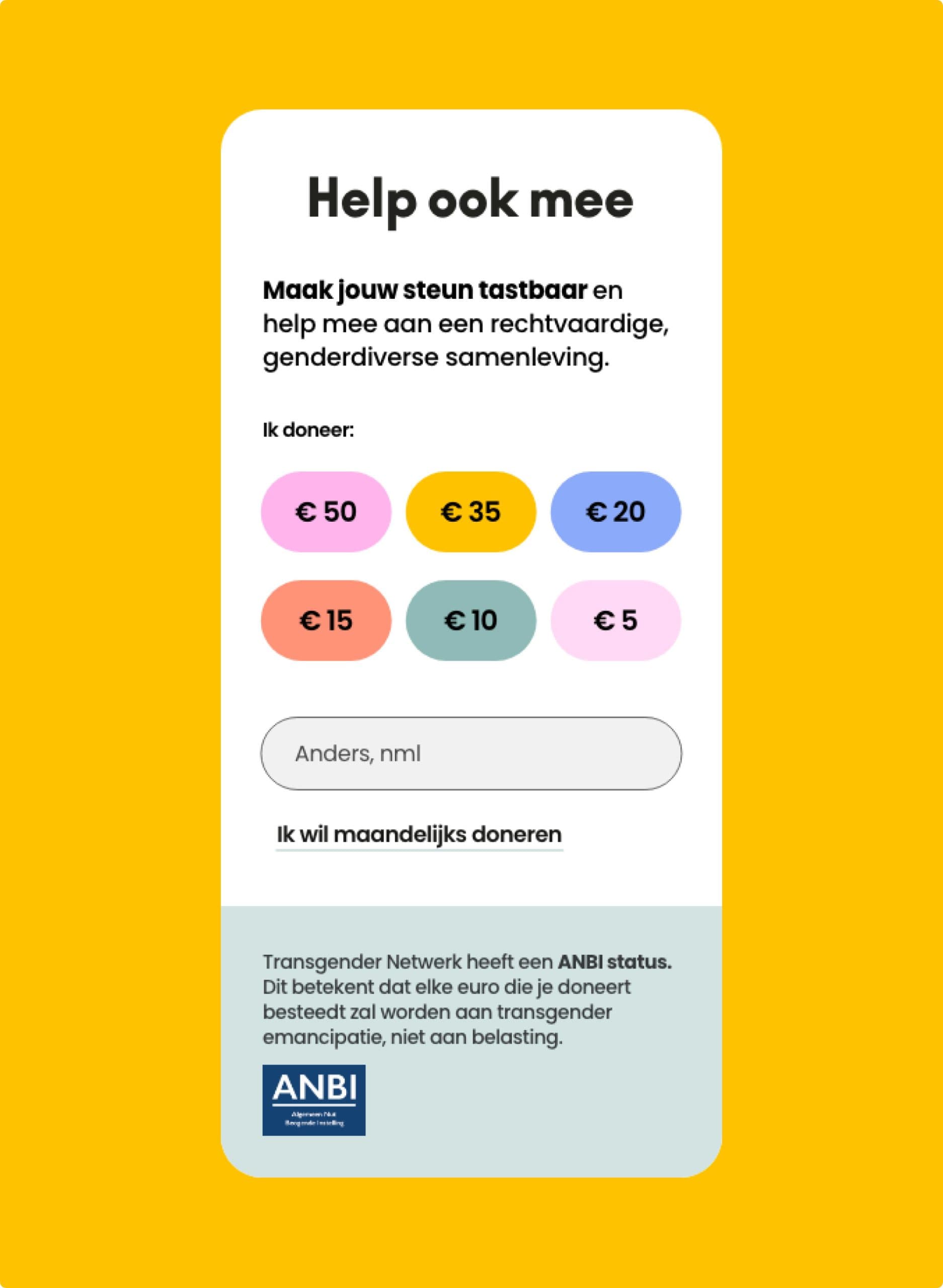 Donatie paneel op de mobile website van Transgender Netwerk met diverse opties om te doneren.